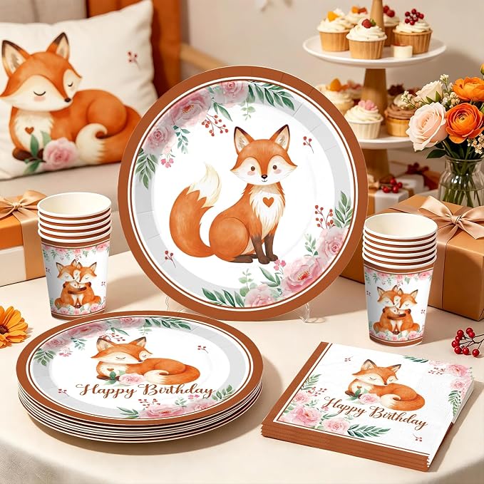 Xynic 205pcs Fox Birthday Decorations Serves 25 - Fox Party Supplies for Kids Birthday, Woodland Birthday Kit with Balloons, Banner, Tableware, Cake Topper, Forest Animal Themed Celebration