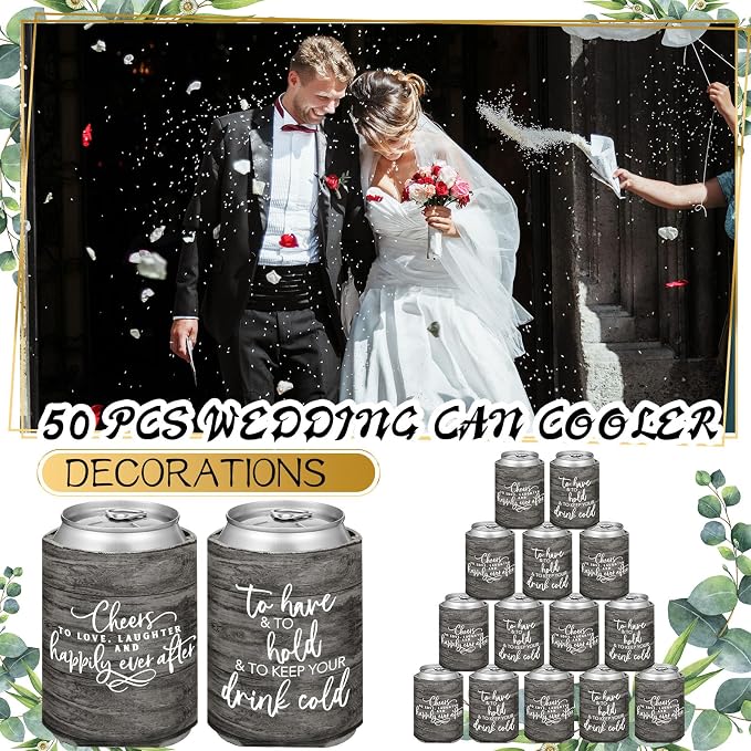 Qinyoung 50 Pieces Wood Grain Wedding Can Cooler Sleeves Bulk Engagement Party Favors for Guests Cheers to Love Laughter and Happily Ever After Rehearsal Dinner Decorations for Wedding Bridal