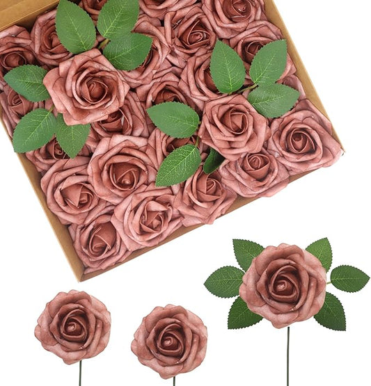 JOYLEX 100PCS Warm Taupe Artificial Flowers Realistic Roses, Real Looking Fake Roses with Stem for DIY Wedding Bouquets Centerpieces Bridal Shower Party Home Romantic Decorations (Warm Taupe, 100pcs)