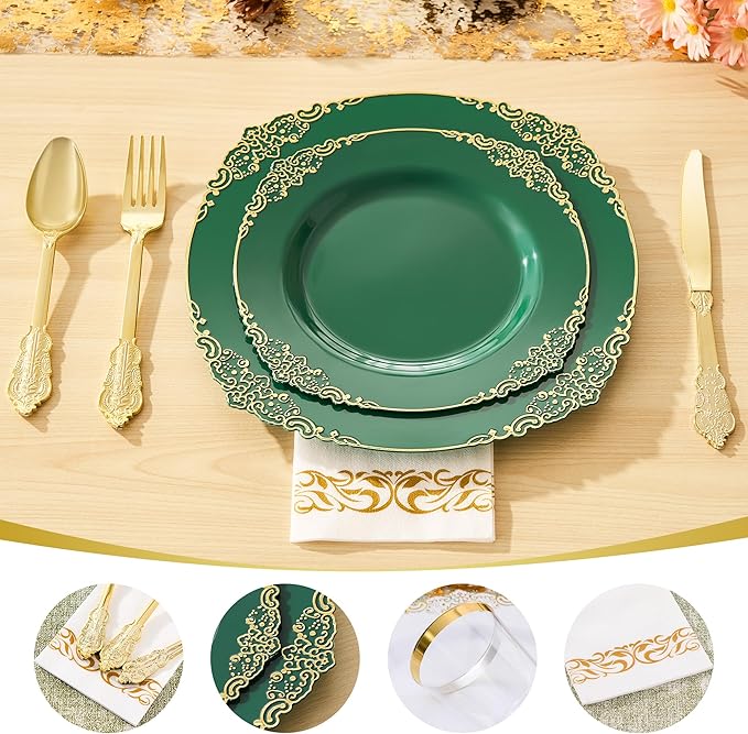 Fijinhom 350pcs Green Plastic Plates, Elegant Disposable Dinnerware Set, 125 Pieces, White and Gold, Plates, Cups, Cutlery and Napkins (Green, 50 Guests)