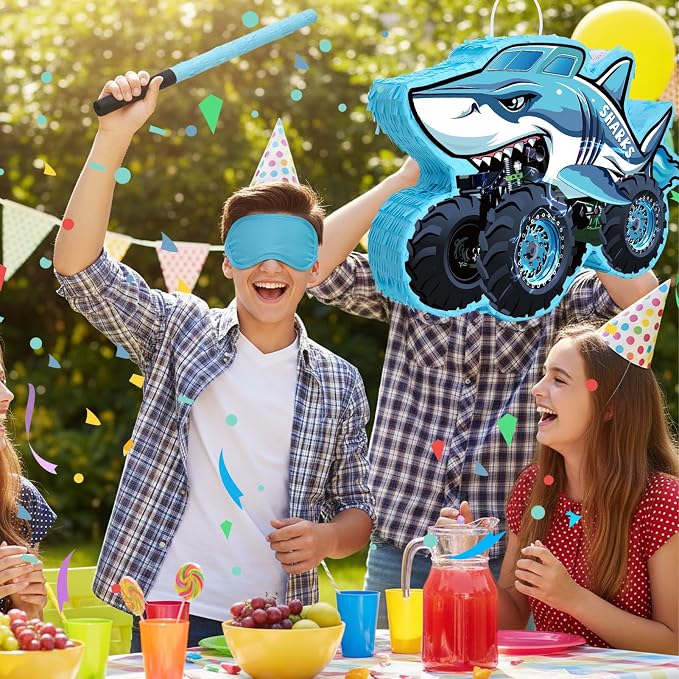 Shark Truck Pinata - Monster Truck Pinata with Blindfold and Bat for Birthday Parties, Monster Truck Pinata for Themed Decorations 16x12x3 Inches