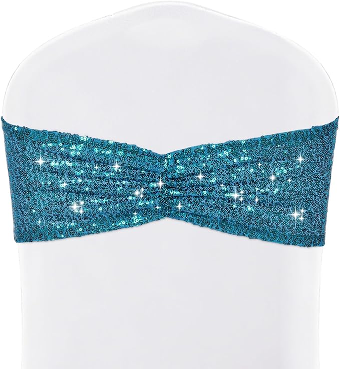 SquarePie Pack of 20 Sequin Chair Sashes Glitter Teal Bows Bands for Wedding Banquet Party Decor