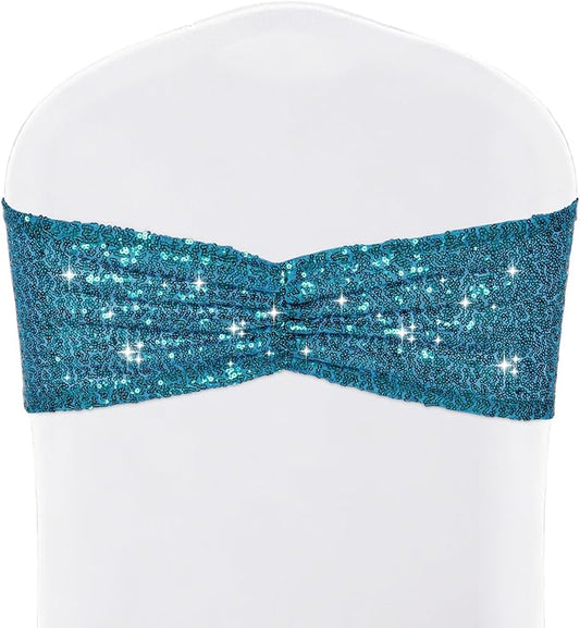 SquarePie Pack of 20 Sequin Chair Sashes Glitter Teal Bows Bands for Wedding Banquet Party Decor