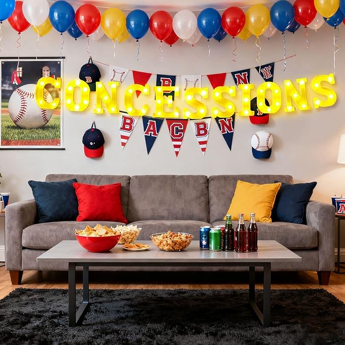 Aurelema 11 Pcs Concessions Large LED Letter Sign Lights Battery Powered Baseball Party Decorations for Baseball Party Gift Tabletop