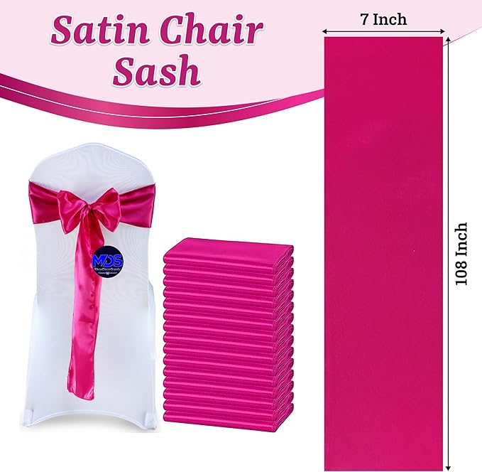 MDS Pack of 10 PCS Satin Chair Sashes Charmeuse Sateen Dining Chair Bows Ribbon Ties Back Sash for Wedding Party Birthday Home Hotel Restaurant Banquet Decoration (7 x 108 Inch, Magenta)