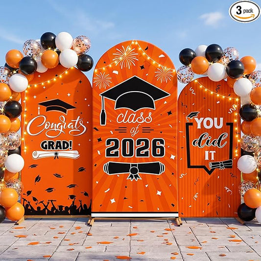 WovWeave Graduation Arch Backdrop Stand Cover Set of 3-4ft 5ft 6ft Grad Arch Cover Photo Booth Backdrop Decorations for Graduation Party Decor Supplies(Orange Black,Class of 2026)