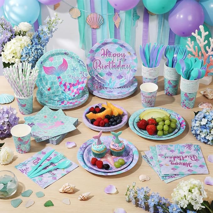 450 Pcs Mermaid Birthday Party Tableware Set Decorations Mermaids Paper Plates Napkins Cups Cutlery Straws for Girls Ocean Under the Sea Themed Birthday Party Supplies, Serves 50