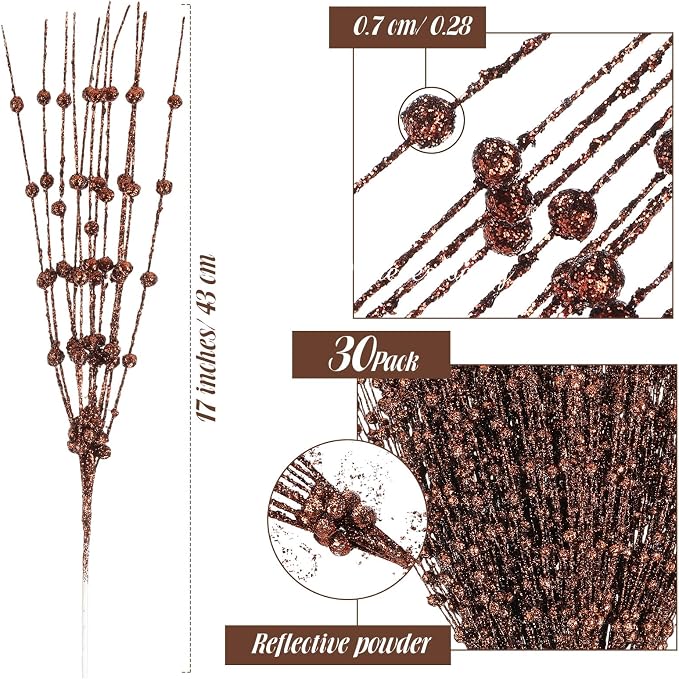 Geosar 30 Pcs Artificial Glitter Berry Stem Decorations 17 Inch Faux Stick Floral Pick Centerpiece Bouquet Flower Bead Twigs for Centerpiece Tree Wreath Ornaments Home(Brown)