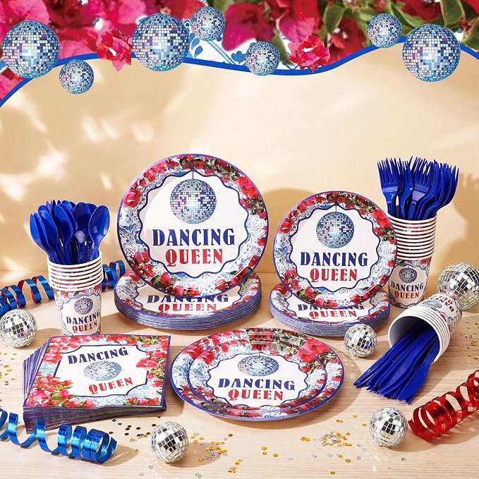168 Pcs Dancing Queen Party Decorations Retro Disco Birthday Party Supplies Queen 17th Paper Plates Napkins 70s Disco Bachelorette Decor Blue Tiles Rose Red Floral Tableware Set Serves 24