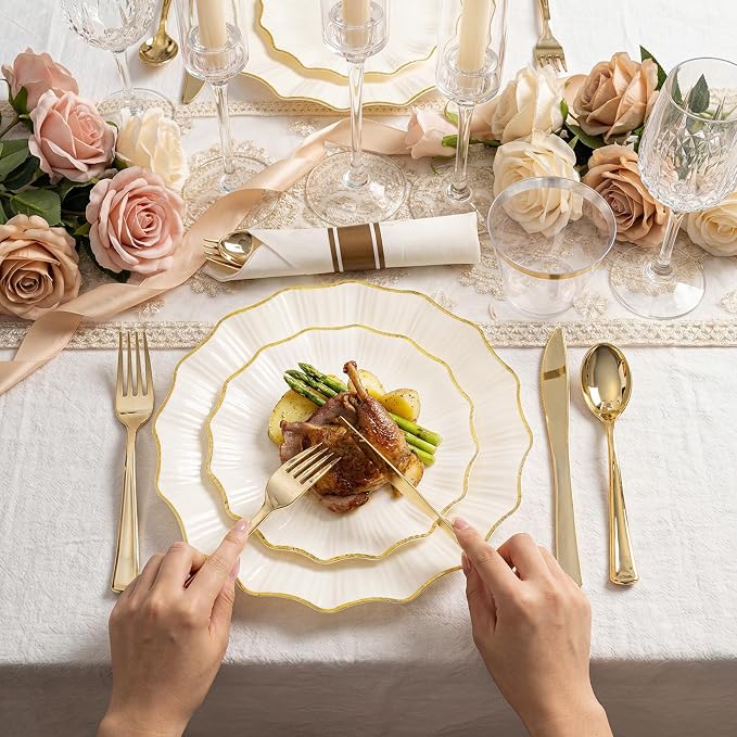 U-QE 175PCS Ivory Gold Plastic Plates - Disposable Dinnerware Set for 50 Guests - Ivory and Gold Plates and Napkins Party Supplies include 50 Plates, 25 Per Rolled Napkins with Gold Cutlery, 25 Cups