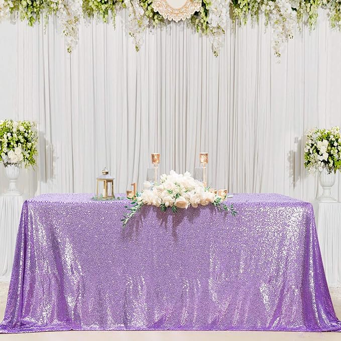 B-COOL Sequin Tablecloth Rectangle Tablecloths Lavender Shiny Table Skirt Sweet Birthday Cake Events Table Linens-90x156inches