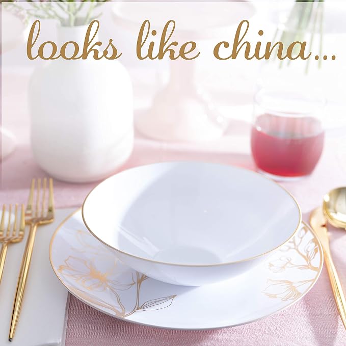 [16 OZ 10 Count] White Plastic Floral Design Party Soup bowls With Gold Rim Premium heavyweight Elegant Disposable Tableware Dishes