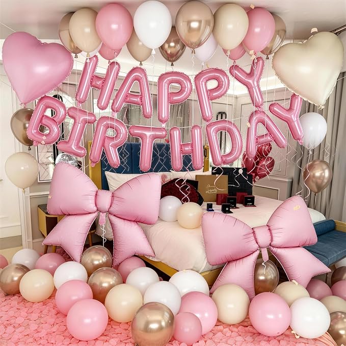 Boho Dusty Pink Bow Birthday Decorations for Women Girls, Blush Champagne Gold Sand White Cream Balloons Happy Birthday Banner Pink Coquette Foil Balloons Heart Balloon for Bday Party Supplies