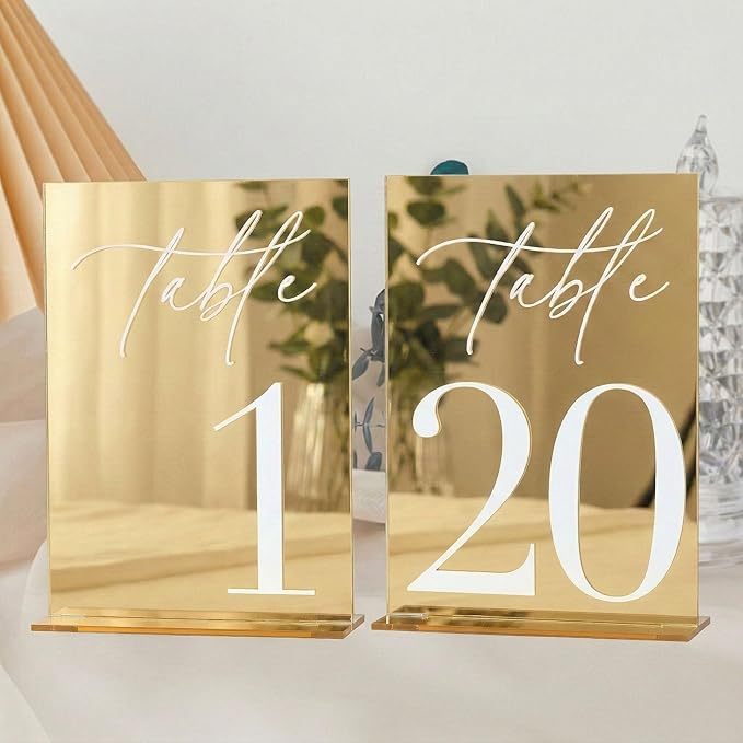 Acrylic Wedding Table Numbers 1-20 with Stands, 5"x7" Gold Mirror Acrylic Signs with 3D White Numbers, Gold Mirror Table Numbers for Wedding Reception, Anniversary, Event