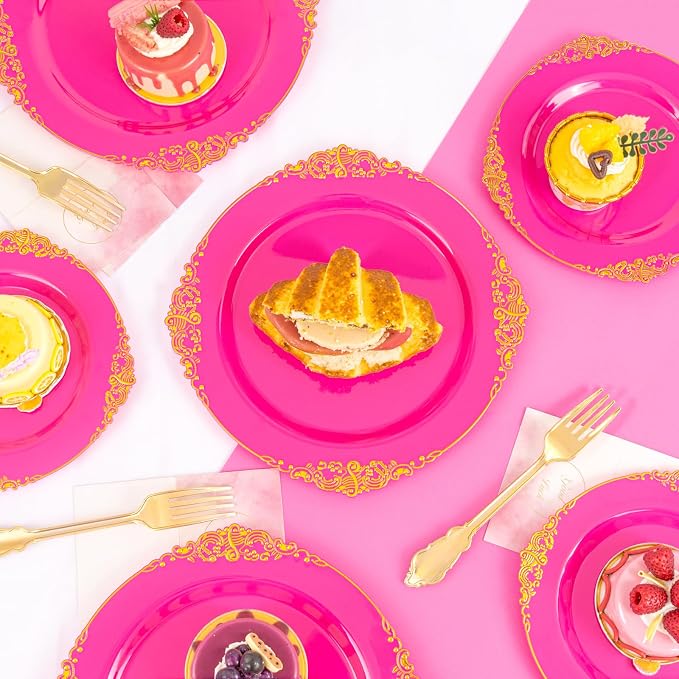 125PCS Hot Pink Plastic Plates - Pink Disposable Plate - Elegant Party Plates with Gold Plastic Silverware Sets for 25 Guests for Wedding & Birthday Party & Baby Shower