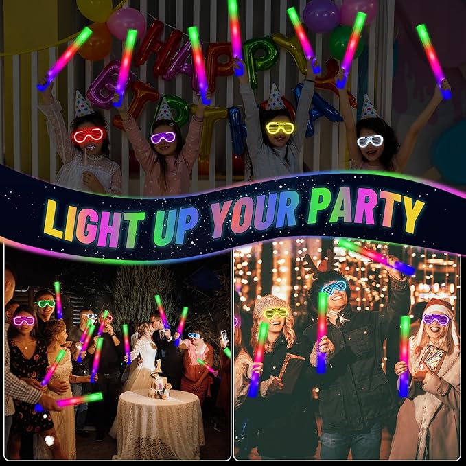 Oleitodh Glow in the Dark Party Supplies Set Bulk Neon Party Favor Toys Includes 30 Led Light up Glasses 10 Color 30 Light up Foam Sticks Bulk for Disco Wedding Birthday Concert Halloween Raves Party