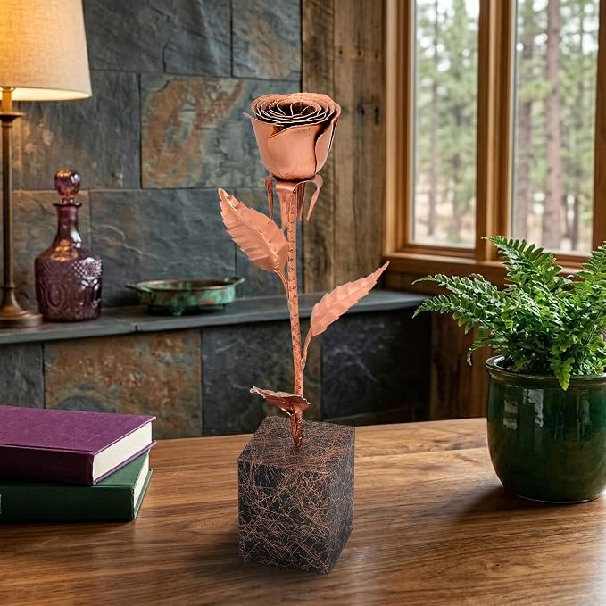 Copper Rose Anniversary Keepsake – 7th & 22nd Wedding Anniversary – Solid Copper Flower on Metal Display Base – 12 Inch Handcrafted Rose