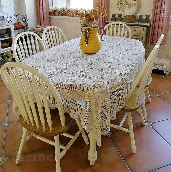 USTIDE Shabby Handmade Crochet Tablecloth Rectangle Romantic Table Cover White Lace Design Table Overlays Rectangular 51inchesx70inches