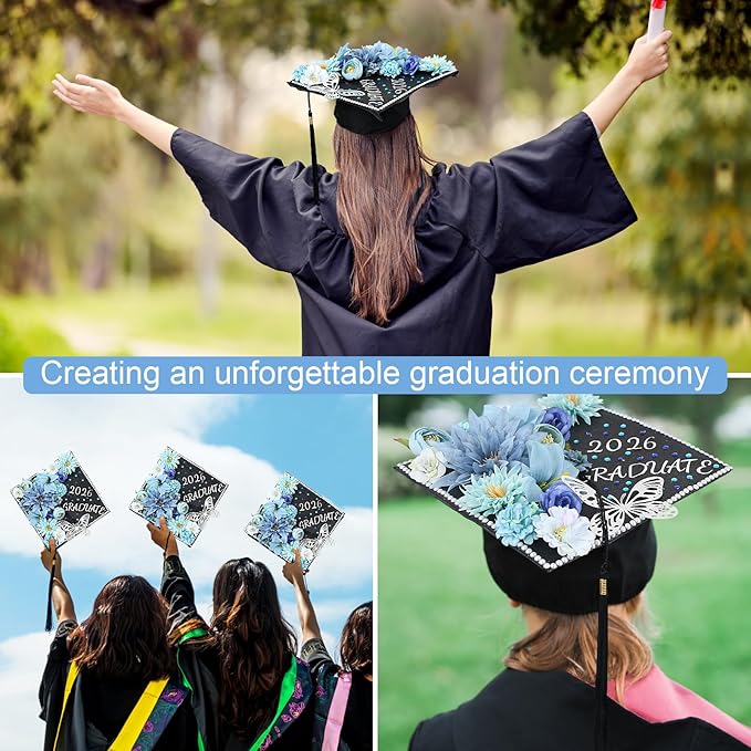 TKNOUS DIY Graduation Cap Decorations Accessory Kit, 3D Butterfly Faux Flower Heads for Grad Hats Decor Rhinestones Stickers Alphabet Letter Stickers Glitter Paper for Cake Wreath Art DIY (Blue)
