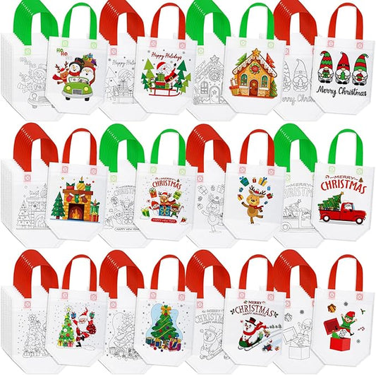 Chunful 50 Pcs Christmas Coloring Goodie Gift Bags for Kids Cute Christmas Reusable Cartoon Drawing Party Favors Xmas Santa Colorful Candy Bags Hohoho Gift for DIY Crafts Supplies