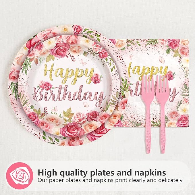 96Pcs Rose Floral Birthday Party Supplies Rose Gold Pink Floral Plates and Napkins Tableware Sets for Womens Girls Lady Happy Birthday Flowers Party Decorations Serves 24