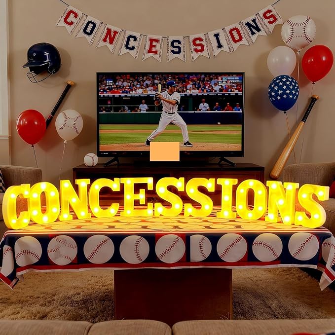Aurelema 11 Pcs Concessions Large LED Letter Sign Lights Battery Powered Baseball Party Decorations for Baseball Party Gift Tabletop