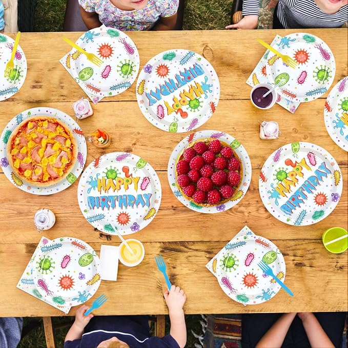 96Pcs Virus Theme Party Decorations Colorful Cells Virology Theme Plates and Napkins Happy Birthday Tableware Set for Kids Birthday Baby Shower Party Decorations Serves 24