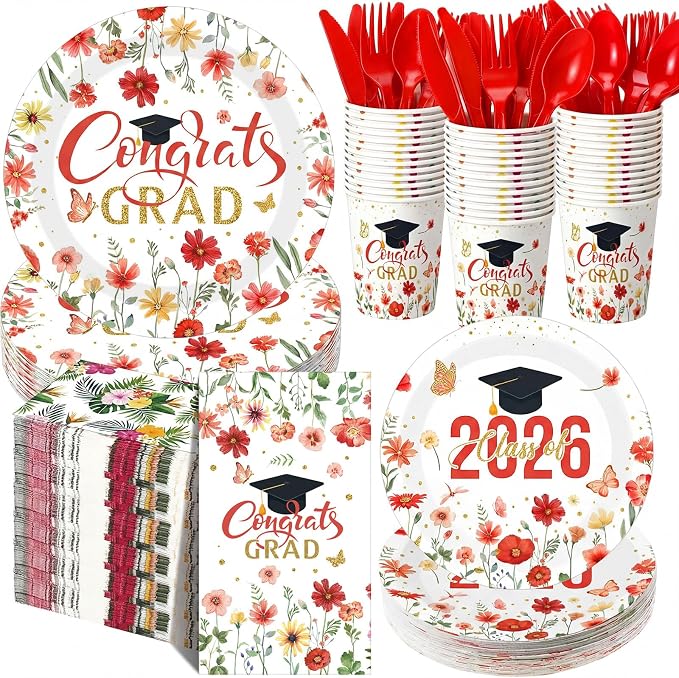 400 Pcs Class of 2026 Red Floral Graduation Decorations for 50, Red Gold White Flower Graduation Paper Plates Napkins and Cups Cutlery Grad Tableware for 2026 Congrats Grad Party Supply