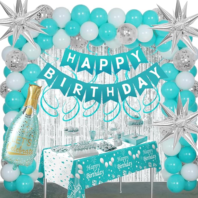 Teal Birthday Decorations for Women Girls, Turquoise Birtihday Decorations Brthday Party Decoartions with Happy Brithday Banner Balloons Arch Fringe Curtains Tablecloth Wine Bottle Birthday decor