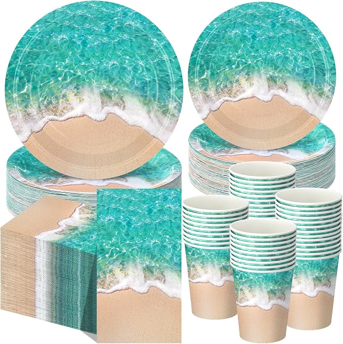 Funnymoom 250 Pcs Beach Party Decoration Ocean Waves Paper Plates Napkins and Cups Nautical Sea Shore Ocean Pool Party Tableware Set for Summer Beach Tropical Hawaii Birthday Decorations, Serves 50