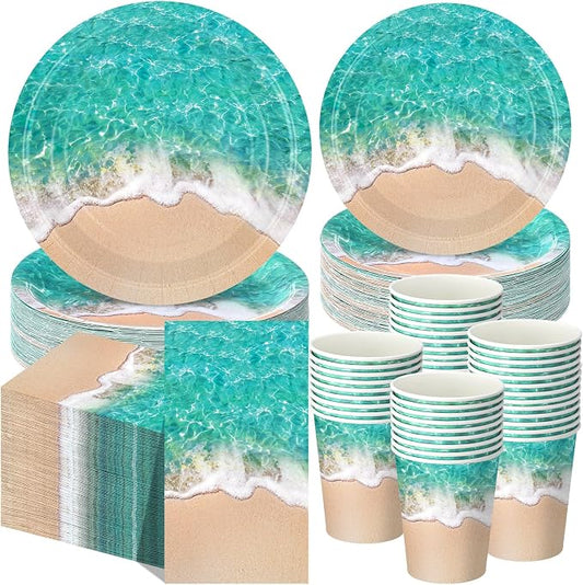 Funnymoom 250 Pcs Beach Party Decoration Ocean Waves Paper Plates Napkins and Cups Nautical Sea Shore Ocean Pool Party Tableware Set for Summer Beach Tropical Hawaii Birthday Decorations, Serves 50
