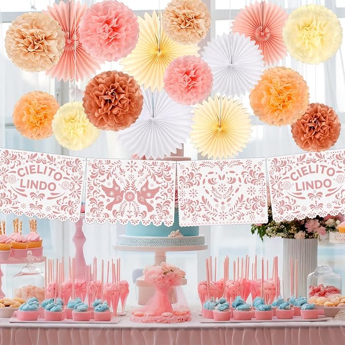 18 Pcs Cielito Lindo Party Decoration Cielito Lindo Decorations Hanging Paper Fans Pom Poms and Paper Banner for Bridal Shower, Fiesta, Engagement, Mexican Baby Shower (Pink)