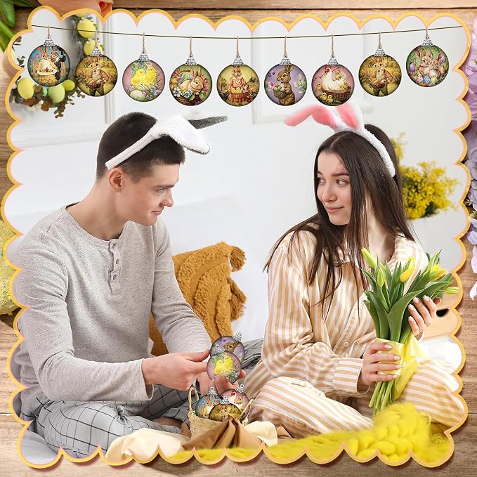 Outus 16 Pcs Easter Tree Ornaments Ball Easter Egg Hanging Ornaments Vintage Floral Egg Bunny Decorations Rustic Mini Retro Speckled Eggs Rabbit Hanging Ornament Spring Decor(1.6 Inch, Vintage)