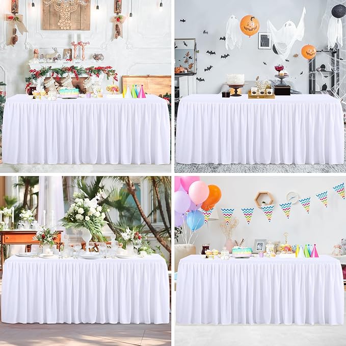PARTISKY 2 Pack White Tablecloths for Rectangle Tables 8ft, Wrinkle Resistant White Table Cover Fitted Stretch Table Cloth with Pleated Ruffle Skirts for Party Banquet Dining Birthday Wedding