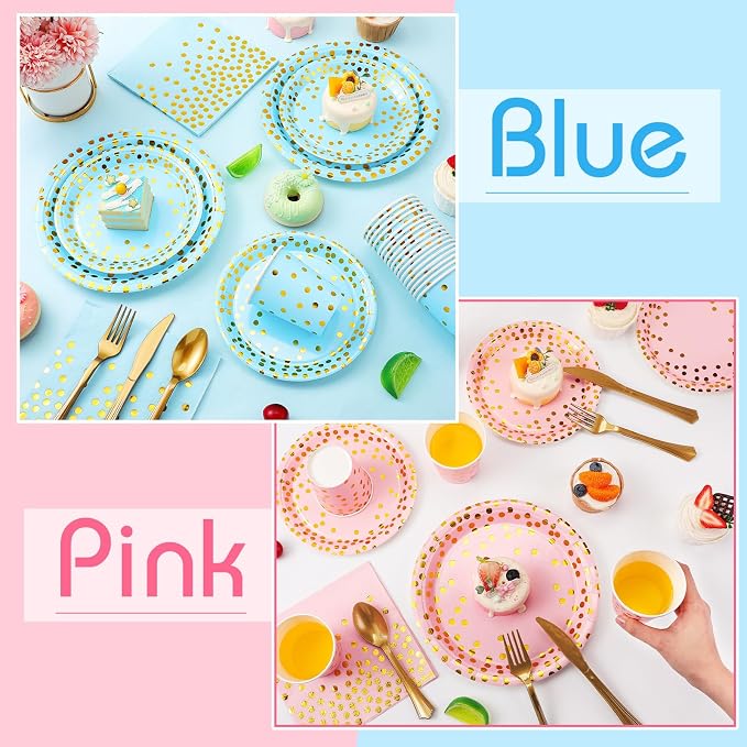 Tegeme Gender Reveal Party Supplies Pink and Blue Gold Dot Paper Plates Napkins and Tablecloths Set with Cups Forks Knives Spoons 256 Pcs Tableware for 36 Guest Baby Shower Birthday Party Decoration