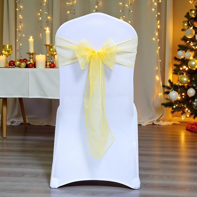 MDS® Pack of 10 Organza Chair Sashes for Wedding Decoration, Reusable Sheer Chair Bows for Banquet Chair Cover, Reception, Bridal Shower, Baby Shower, Birthday Party & Special Events - Yellow