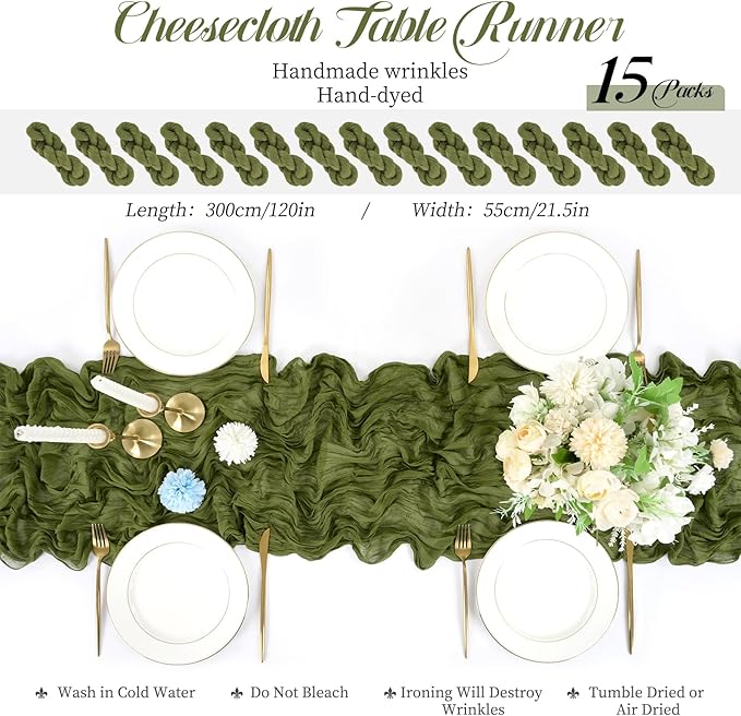 15 Packs Cheesecloth Table Runner Olive Green,10 Ft Dark Green Rustic Gauze Boho Wedding Table Runner Decoration,Wedding Table Decor Table Cloth for Wedding Party Bridal Shower Table,21.5x120in
