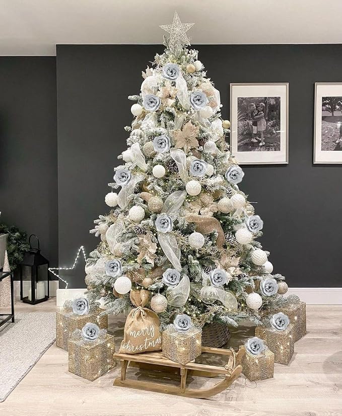 Glitter Roses Bouquet,30PCS Silver Roses Fake Roses Artificial Flowers for Wedding Bouquet Party Christmas Home Decor(Silver)