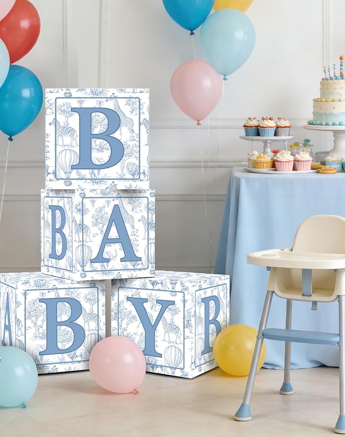 KARAQY Blue Safari Baby Shower Decorations - 4PCS Blue Toile de Jouy BABY Boxes, Jungle Animals Party Boxes for Birthday, Baby Shower Party Supplies (11.8 * 11.8 * 11.8 inches)