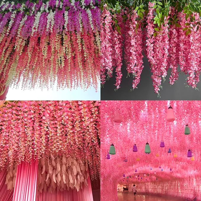 12 Pack Artificial Wisteria Hanging Flowers Fake Wisteria Flower Silk Vines Rattan Decor for Home Wedding Arch Wall Garden Greenery Bedroom Outdoor Office Party Decoration (Dark Pink)