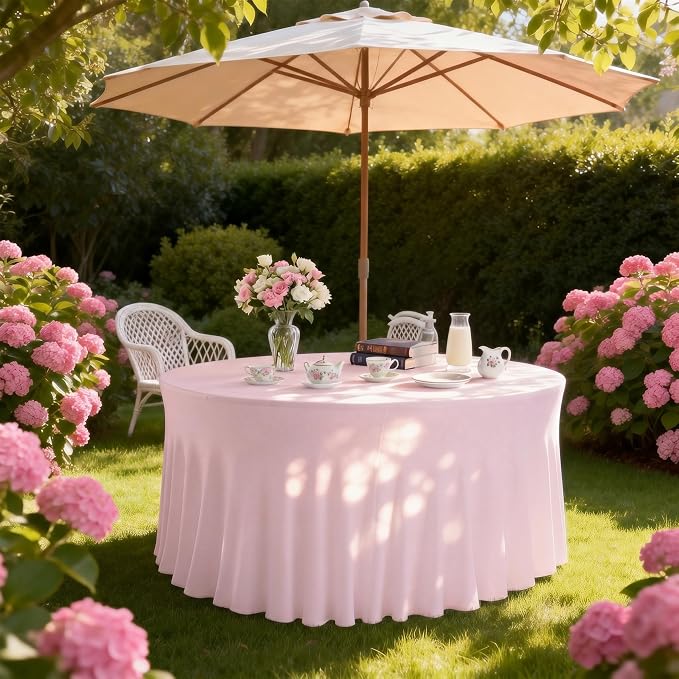 10 Pack Pink Round Spandex Tablecloths for 60in Tables, 120 Inch Stretch Fitted Table Skirts, Wrinkle-Free Washable Polyester Covers for Wedding, Banquet & Party