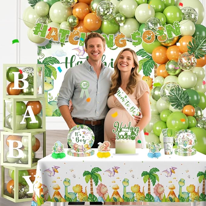 cocomigo 280PCS Dinosaur Baby Shower Decorations, 25 Dinosaur Theme Tableware, Includes It's A Boy Plates and Napkins, Backdrop, Balloon Kit for Hatching Soon Baby Shower Decorations