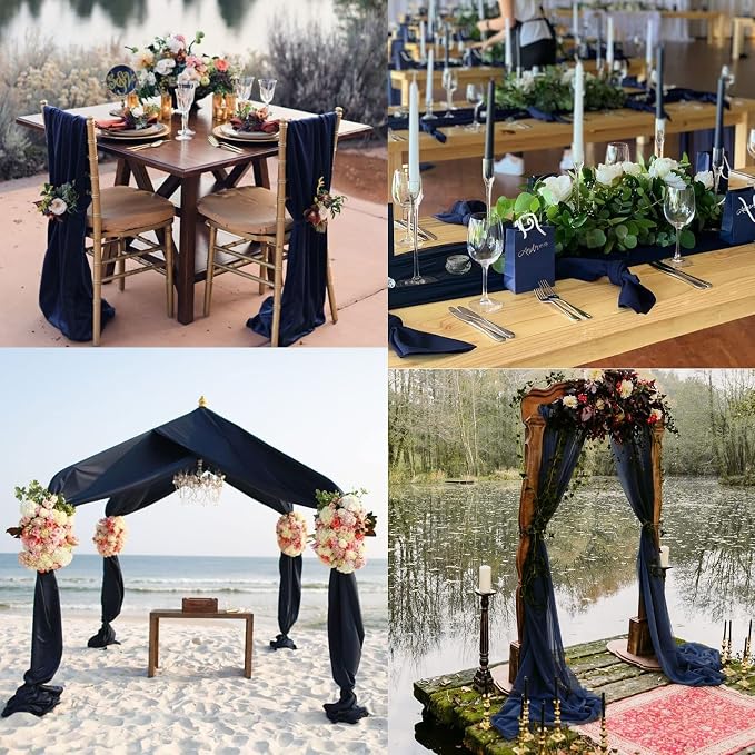 Fivenl 12 Packs Navy Blue 10Ft Chiffon Table Runner 27 x 120 Inches Sheer Chiffon Wedding Table Runner Romantic Boho Rustic Table Runner for Wedding Bridal Baby Shower Birthday Party Table Decoration