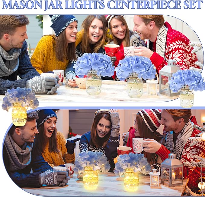 Mason Jar Table Centerpiece Set of 6 with Lights Blue Hydrangea artificial Flowers for Engagement Party Bridal Shower Centerpieces Wedding Christmas Thanksgiving Party Reception Table Decor
