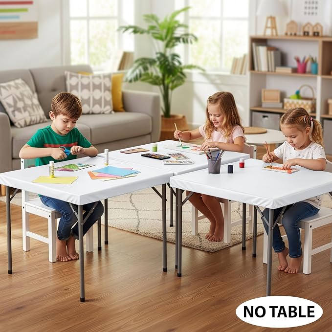 LUSHVIDA 2 Packs Vinyl Card Tablecloth with Flannel Backing 48x48 inch - Waterproof Plastic Picnic Table Cover for Square Folding Table Cloth with Elastic Corners, White