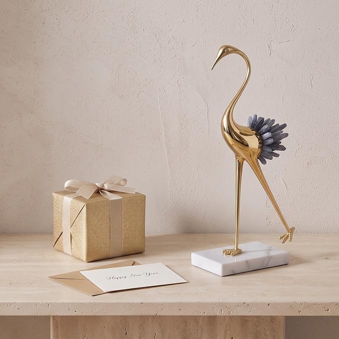suruim Elegant Gold Crane Bird Statues with Crystal Tail Accents, Decorative Brass Figurines for Home Decor (Blue B)