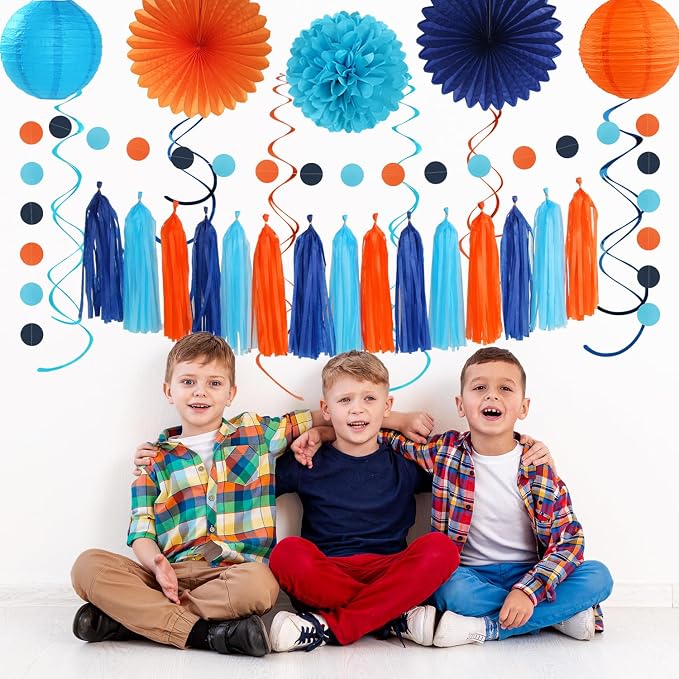 Royal-Light Blue Orange Happy-Birthday Party-Decorations - 31pcs Men Boys Paper Lanterns Streamers Banner,Navy Tissue Flowers Pom Poms Fans Tassels Garland Decor Backdrop Supplies Hugmoon
