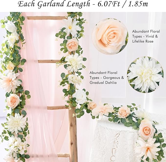 Waipfaru 2Pcs 6Ft Eucalyptus Greenery Garland with Flowers, Flower Rose Garland Decorations for Wedding Table Runner Centerpieces Backdrop Party Room Decor (White)