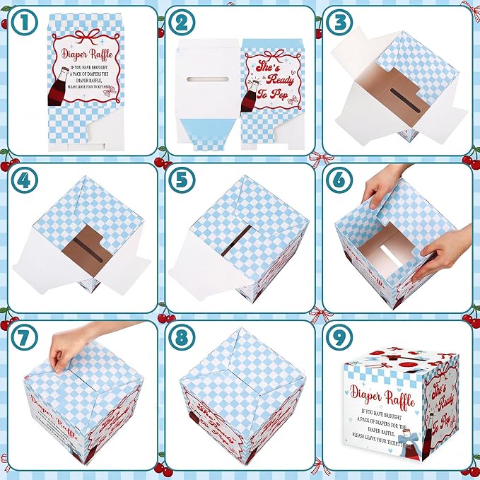 Teling 51 Pieces Diaper Raffle Tickets with Card Box Baby Shower Decorations Baby Shower Holder Box for Girl Boy Diaper Raffle Party(She's Ready to Pop, blue)