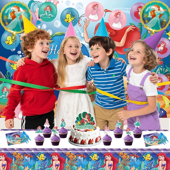 Cartoon Birthday Decorations, Include Backdrop Tablecloth Banner Balloons Hanging Swirls Tableware Set Cake Cupcake Toppers Stickers